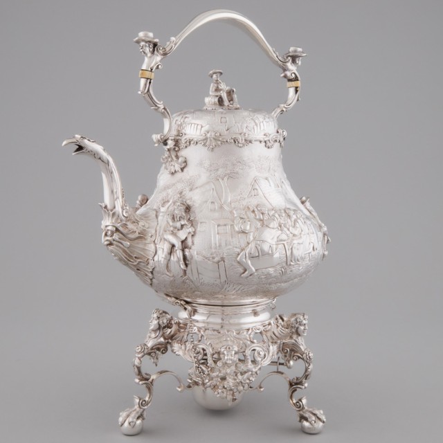 Victorian Cast and Repoussé Silver Kettle on Lampstand, John Hunt & Robert Roskell, London, 1868