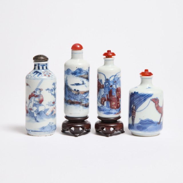 Four Copper-Red Blue and White Snuff Bottles, 18th-19th Century