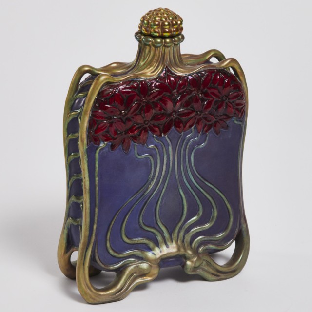 Zsolnay Iridescent Red and Purple Glazed Bottle Vase with Stopper, Lajos Mack, c.1900